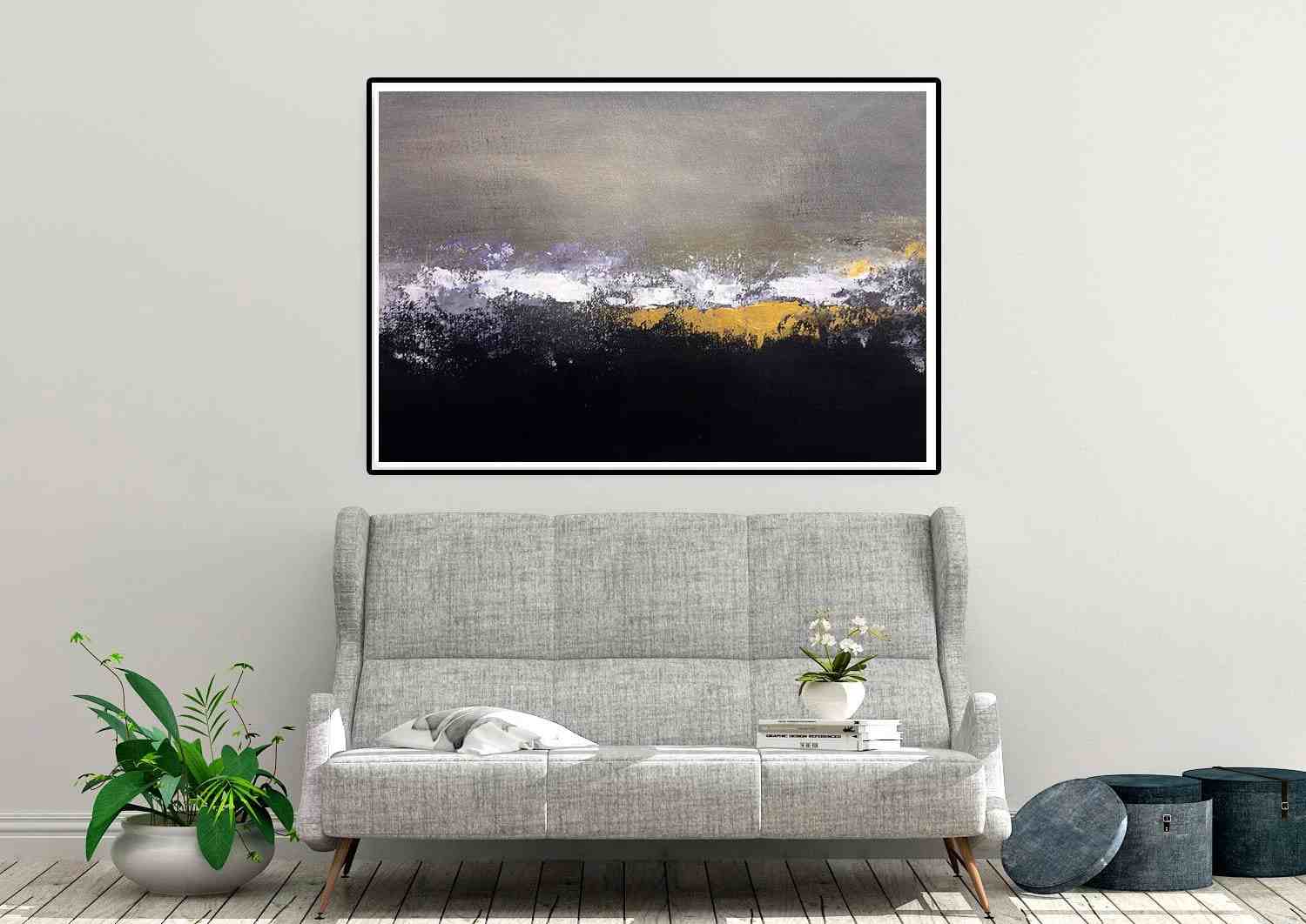 Office Handmade Hand-painted Grey Gold Leaf Hallway Abstract Canvas 8ZS9S